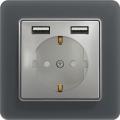 Sedna outlet with double USB charger (aluminium insert, smoke matte frame)